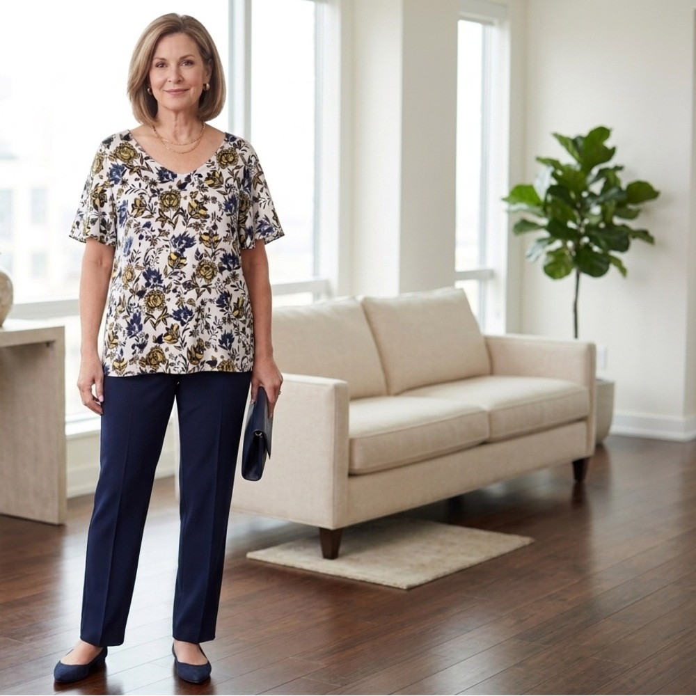 Liz Claiborne Cream Floral V-Neck Top with Navy & Gold Accents